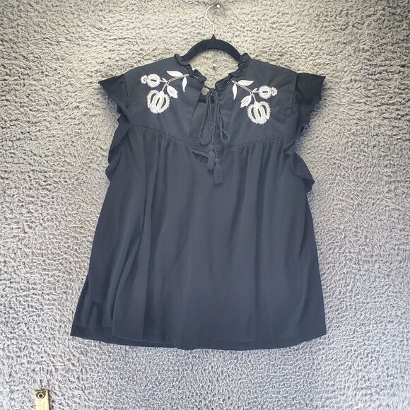 Knox Rose Top Womens XXL Black Embroidered Flutter Sleeve Blouse Boho Tassel Tie - Picture 4 of 7